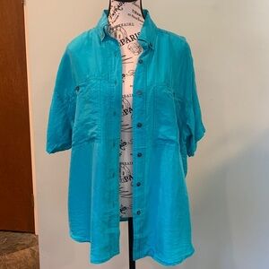 Vintage 80s Kunto Turquoise Button-Up Boxy Oversized Silk Shirt Women’s Small